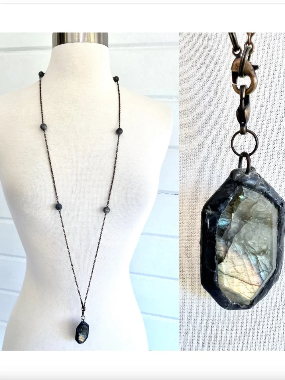 Long Chain Necklace with Labradorite Stones and Medallion